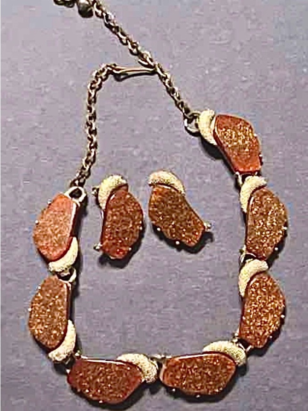 Vintage Van Dell Gold-tone Brown Glitter Statement Necklace & Earring Set